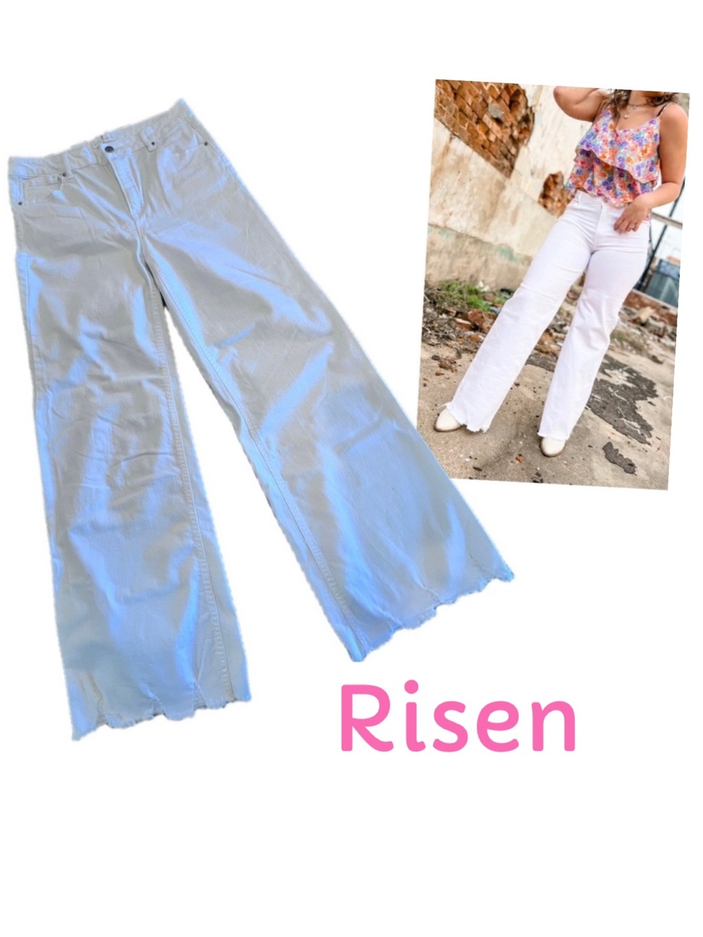 RISEN White High-Rise Wide Leg Stretch Jeans Frayed Hems Sz 13/31